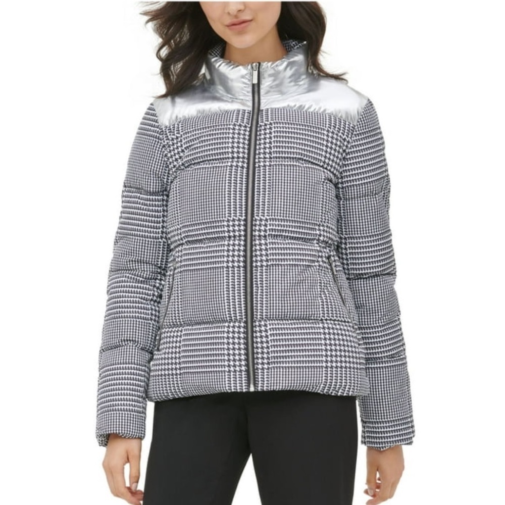CALVIN KLEIN Women’s Houndstooth Metallic Silver Puffer Jacket Size Small NWT